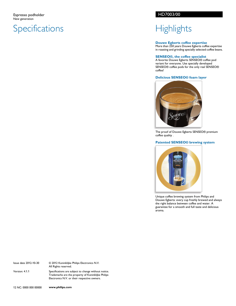 Specifications, Highlights | Philips HD7003 User Manual | Page 2 / 2