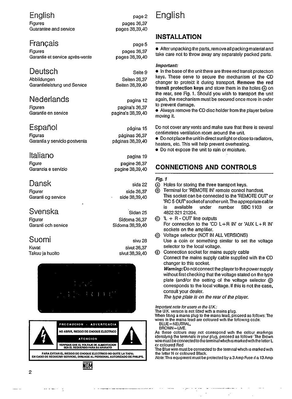 English, Français, Deutsch | Nederlands, Español, Italiano, Dansk, Svenska, Suomi, Installation | Philips AK791 User Manual | Page 2 / 13