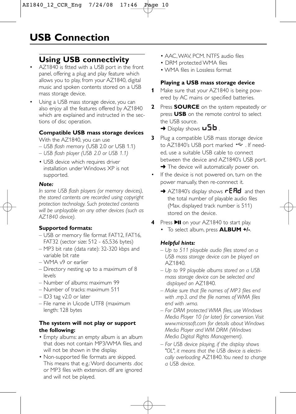 Usb connection, Using usb connectivity | Philips AZ1840 User Manual | Page 10 / 16