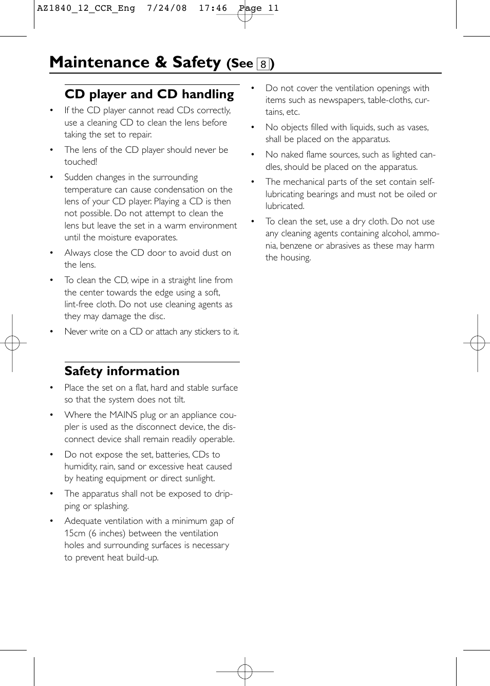 Maintenance & safety, Cd player and cd handling, Safety information | See 8 ) | Philips AZ1840 User Manual | Page 11 / 16