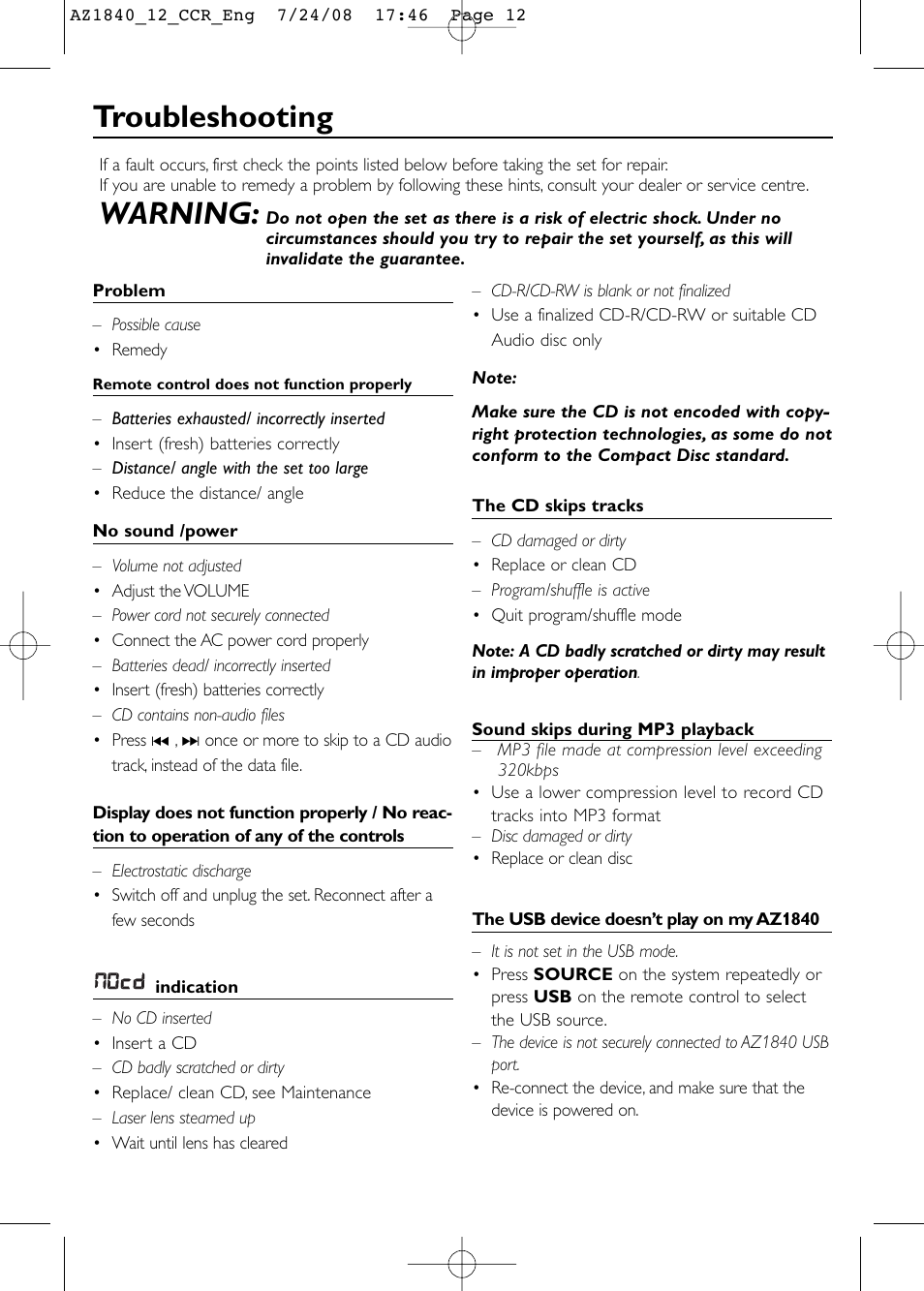 Troubleshooting, Warning | Philips AZ1840 User Manual | Page 12 / 16