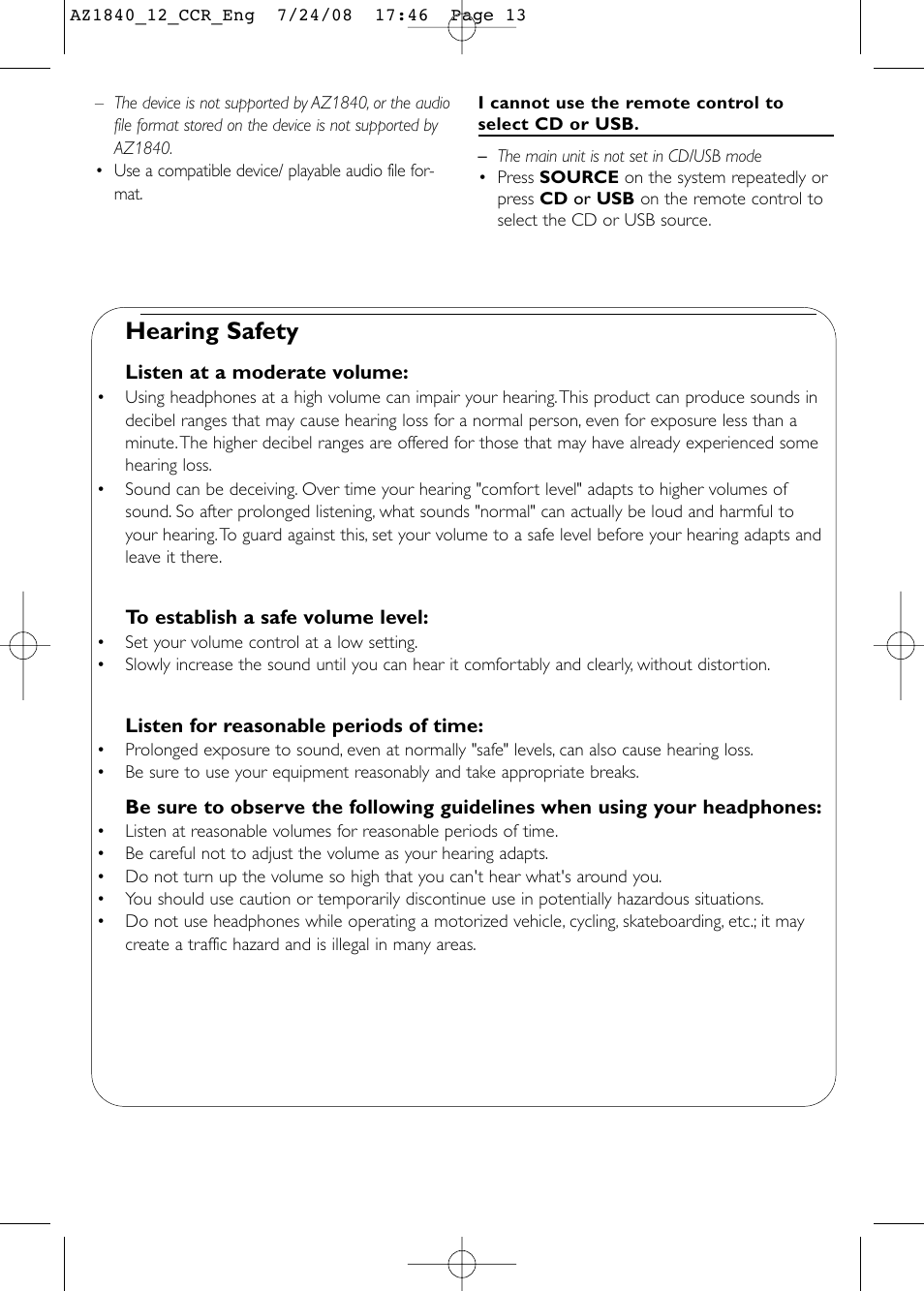 Hearing safety | Philips AZ1840 User Manual | Page 13 / 16