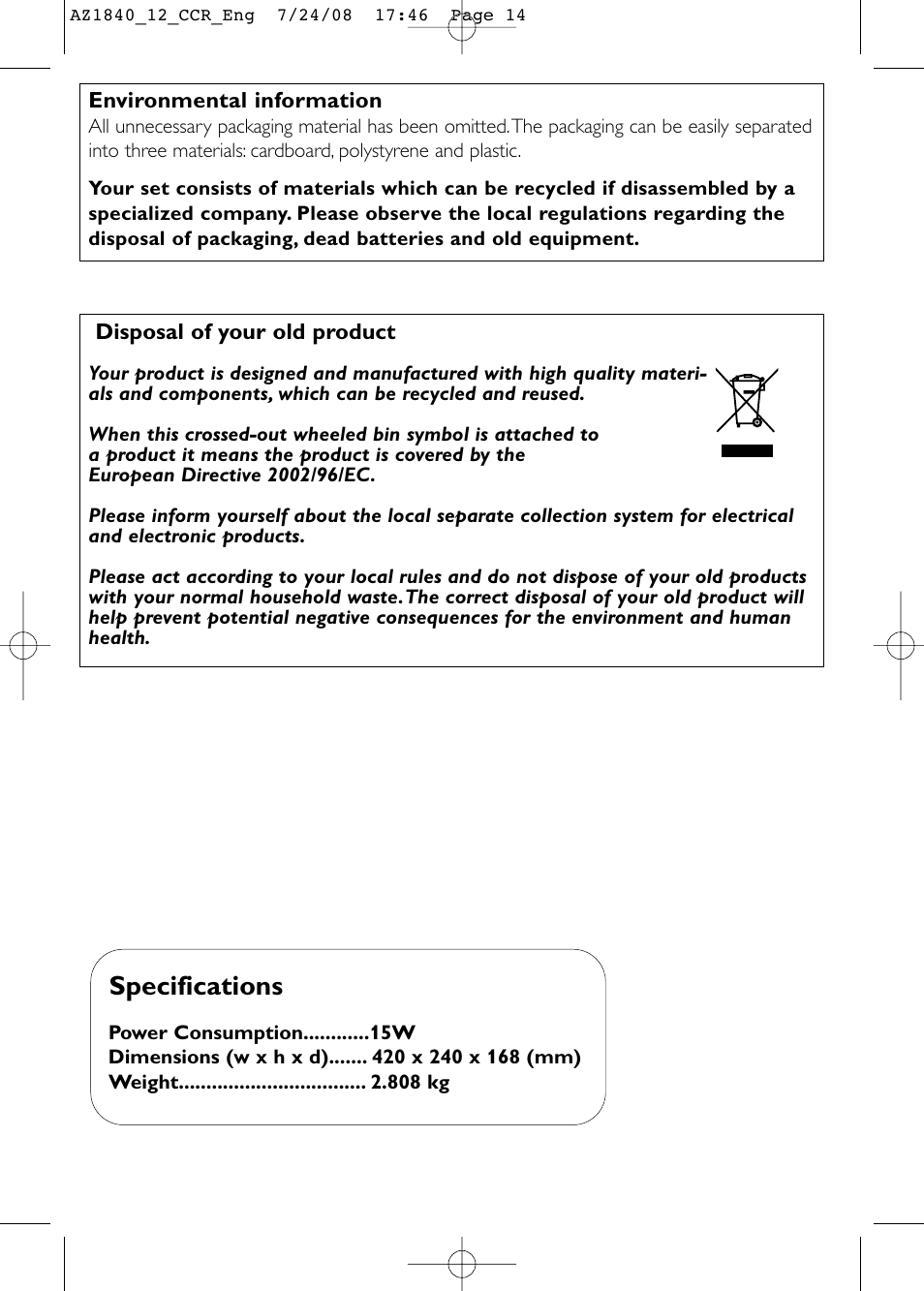 Specifications | Philips AZ1840 User Manual | Page 14 / 16