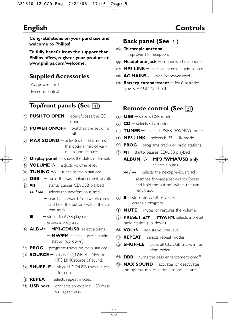 English controls, Supplied accessories, Top/front panels (see | Back panel (see, Remote control (see | Philips AZ1840 User Manual | Page 5 / 16