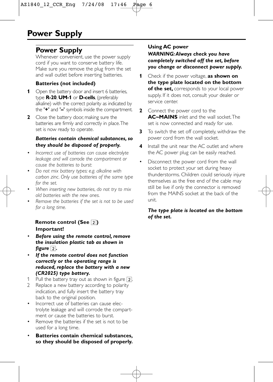 Power supply | Philips AZ1840 User Manual | Page 6 / 16