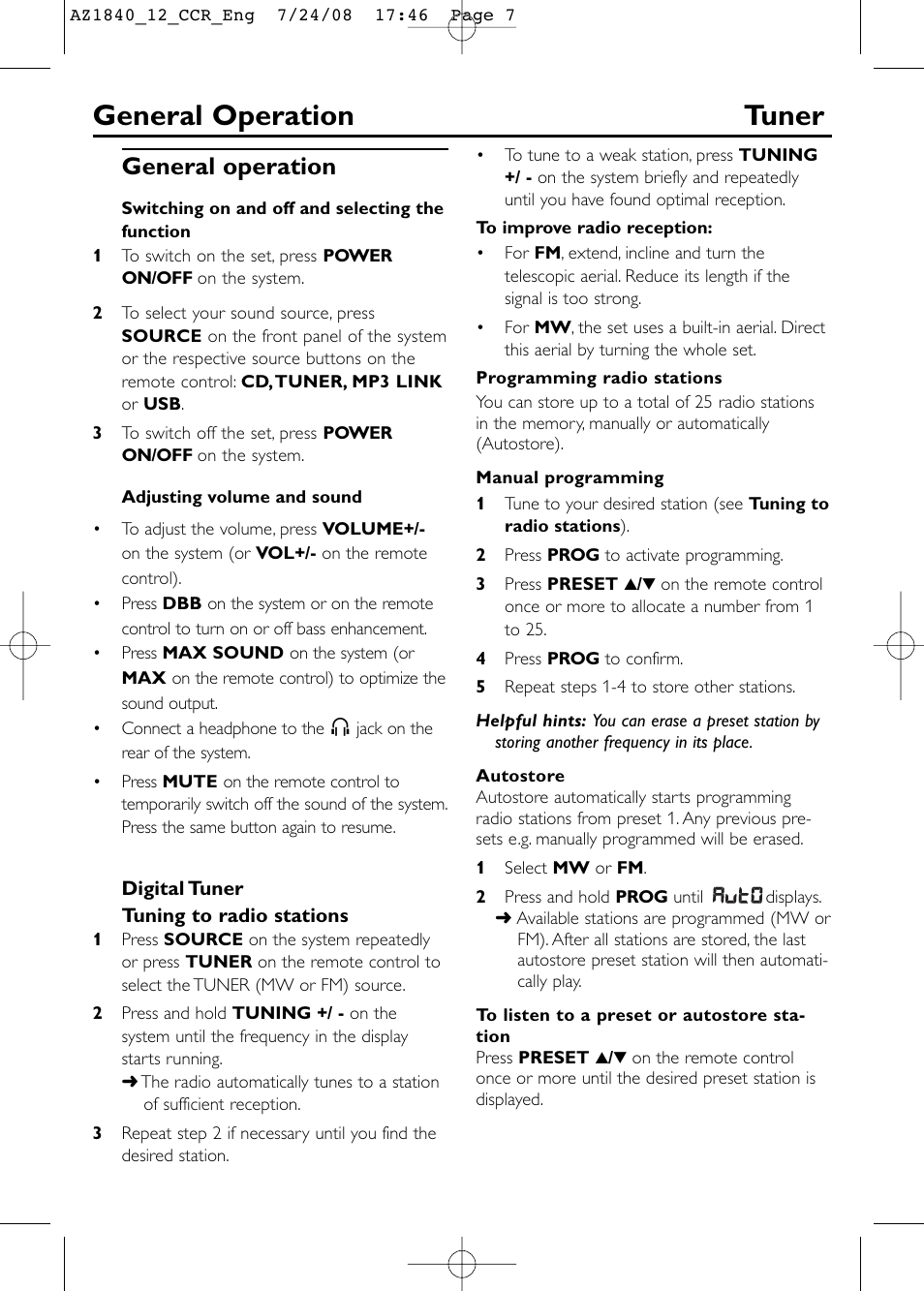 General operation tuner, General operation | Philips AZ1840 User Manual | Page 7 / 16