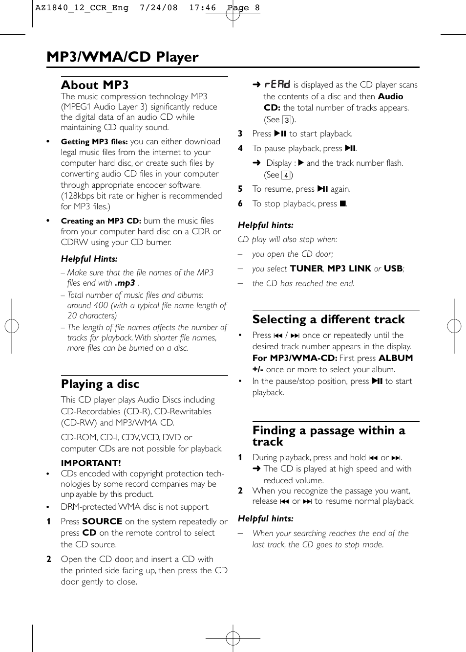 Mp3/wma/cd player, About mp3, Playing a disc | Selecting a different track, Finding a passage within a track | Philips AZ1840 User Manual | Page 8 / 16