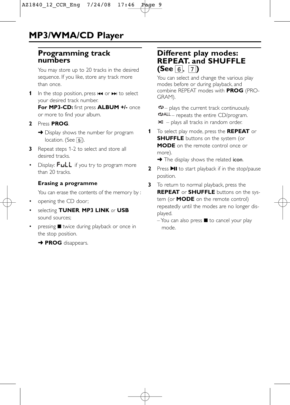 Mp3/wma/cd player, Programming track numbers | Philips AZ1840 User Manual | Page 9 / 16