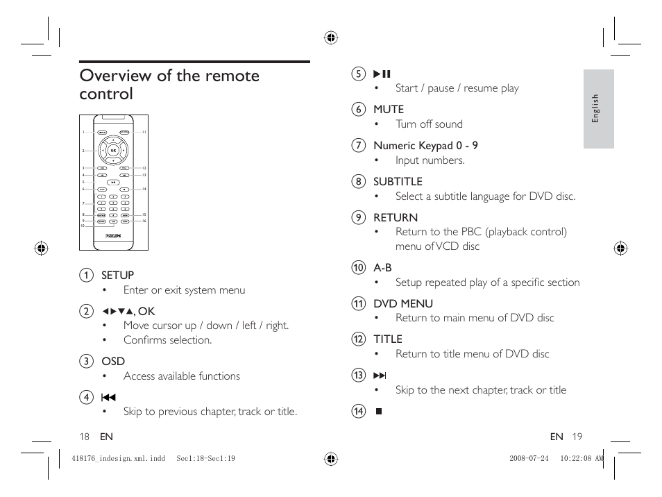 Overview of the remote control | Philips PET101/12 User Manual | Page 11 / 25