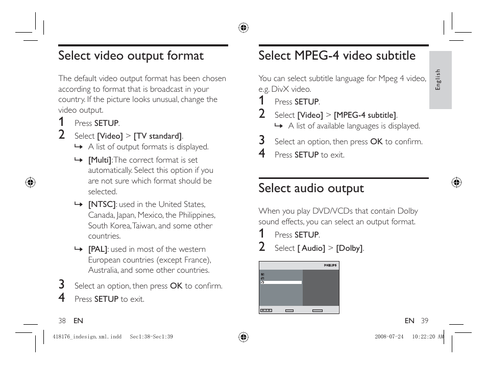 Select video output format, Select mpeg-4 video subtitle, Select audio output | Philips PET101/12 User Manual | Page 21 / 25