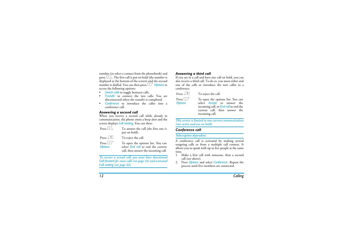 Answering a second call, Answering a third call, Conference call | Philips Cell Phone User Manual | Page 13 / 72