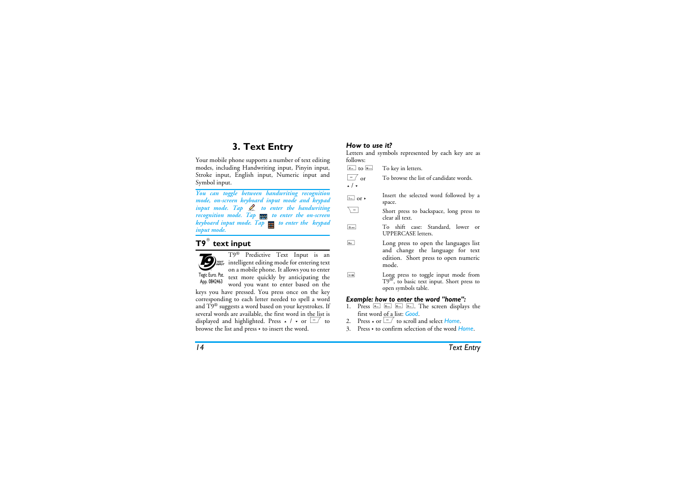 Text entry, T9® text input, How to use it | Example: how to enter the word "home | Philips Cell Phone User Manual | Page 15 / 72