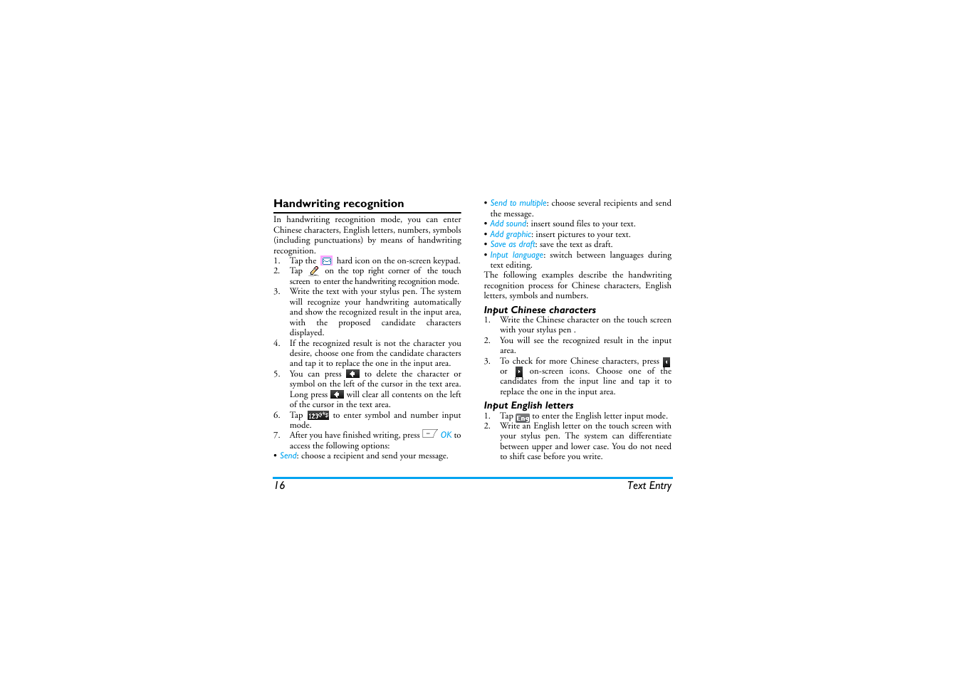 Handwriting recognition, Input chinese characters, Input english letters | Philips Cell Phone User Manual | Page 17 / 72