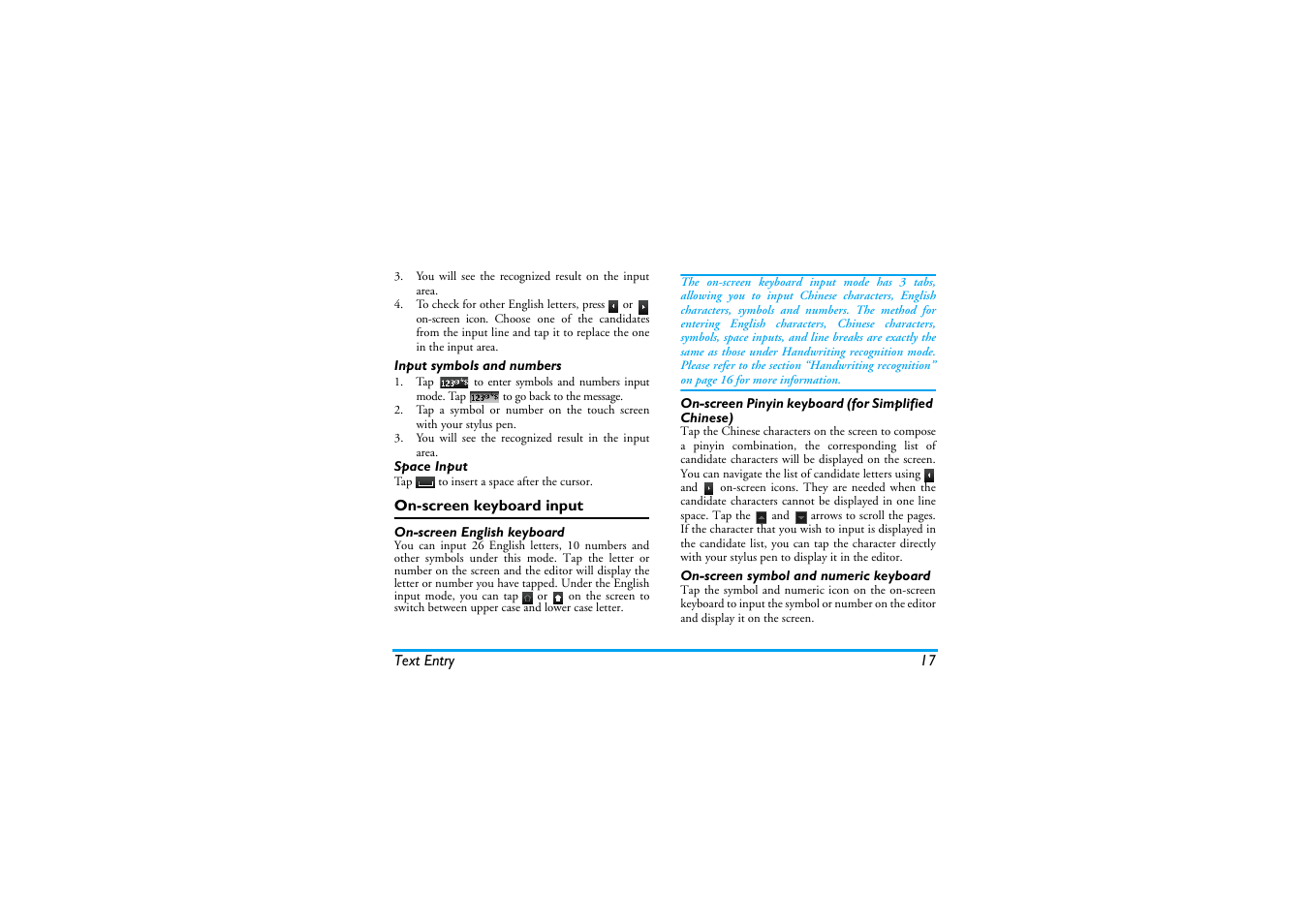 Input symbols and numbers, On-screen keyboard input, On-screen english keyboard | On-screen pinyin keyboard (for simplified chinese), On-screen symbol and numeric keyboard | Philips Cell Phone User Manual | Page 18 / 72