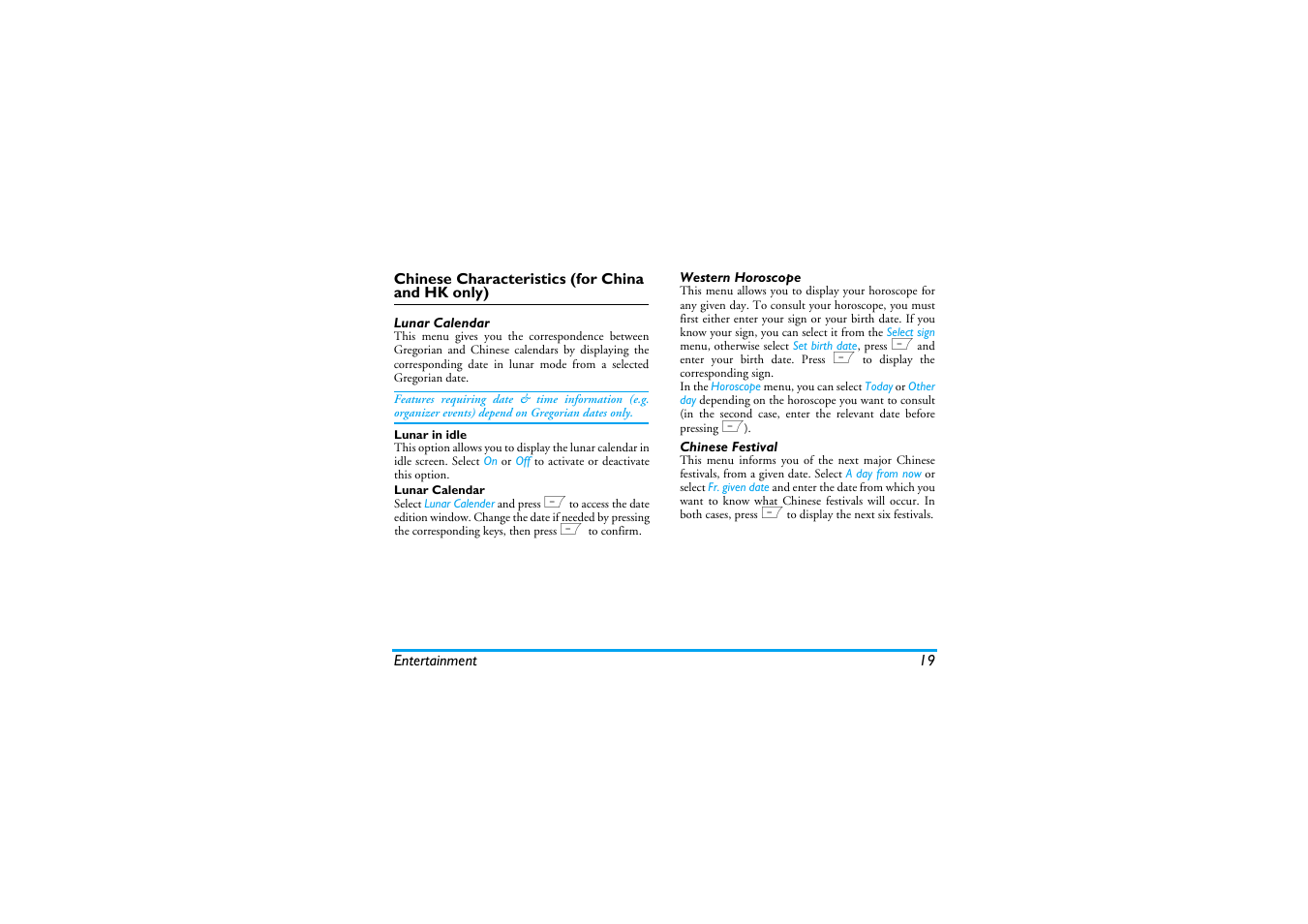 Select a song, Chinese characteristics (for china and hk only), Lunar calendar | Western horoscope, Chinese festival, Chin, For china and hk only), Op. services | Philips Cell Phone User Manual | Page 20 / 72