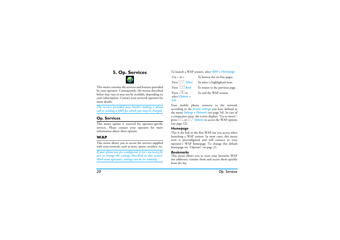 Op. services, Bookmarks | Philips Cell Phone User Manual | Page 21 / 72