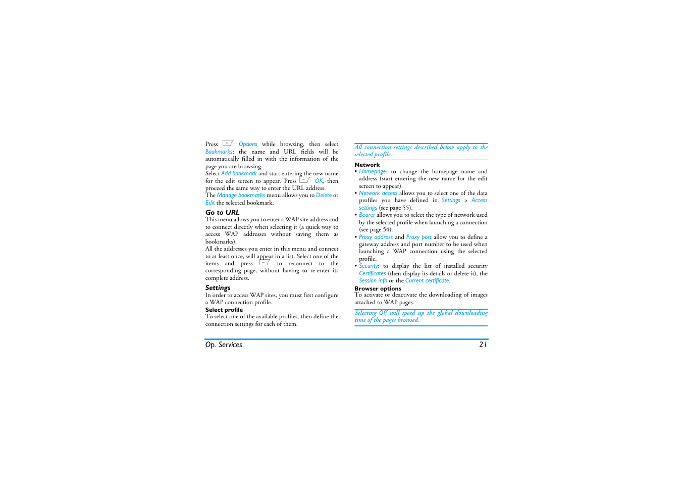 Go to url, Settings | Philips Cell Phone User Manual | Page 22 / 72
