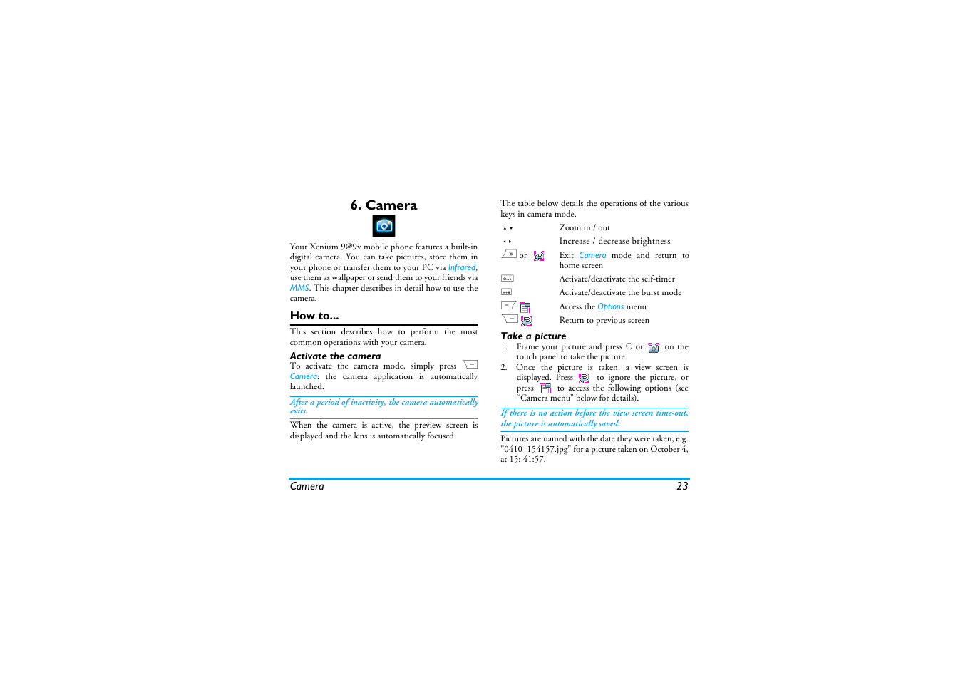 Camera, How to, Activate the camera | Take a picture, Camera menu | Philips Cell Phone User Manual | Page 24 / 72