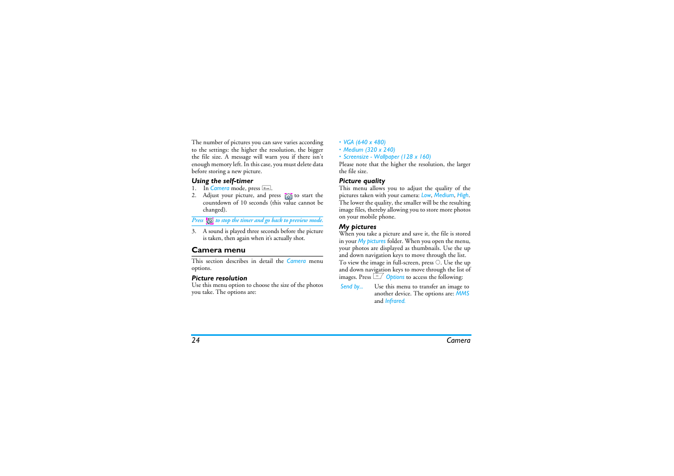 Using the self-timer, Camera menu, Picture resolution | Picture quality, My pictures, Tools | Philips Cell Phone User Manual | Page 25 / 72