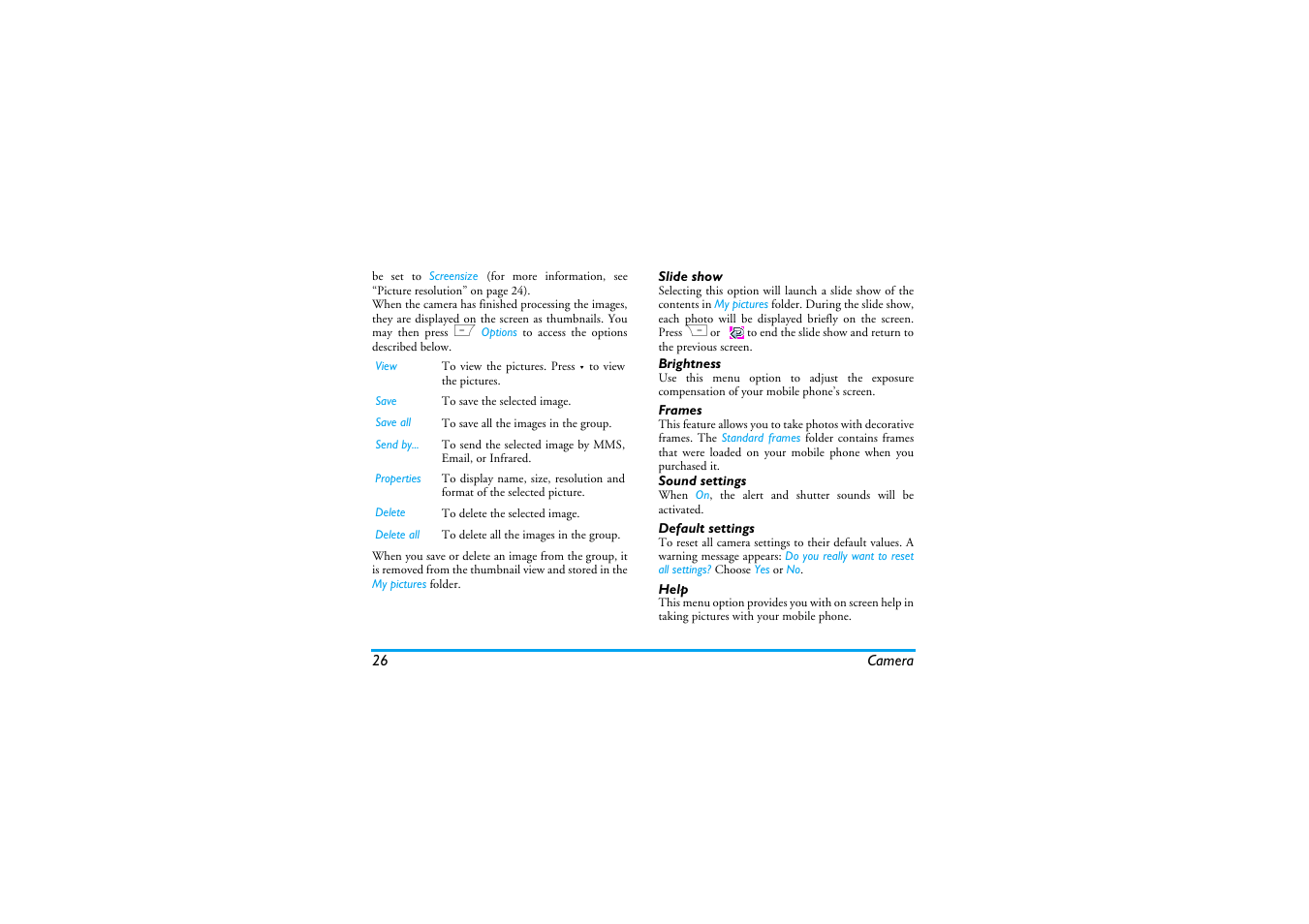 Slide show, Brightness, Frames | Default settings, Help | Philips Cell Phone User Manual | Page 27 / 72