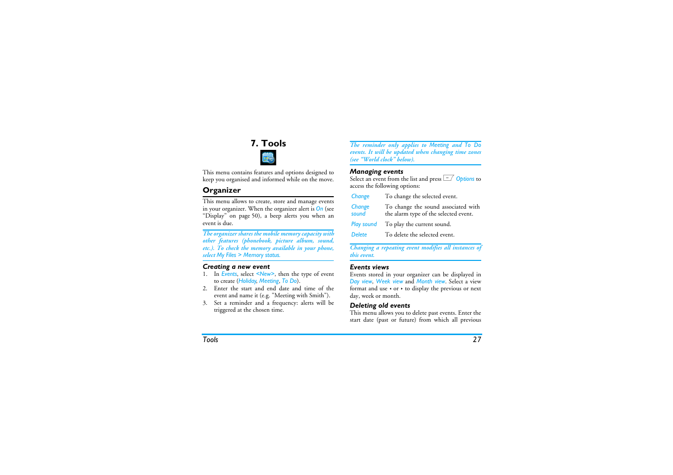 Tools, Organizer, Creating a new event | Managing events, Events views, Deleting old events, Organiz, Alarm clock | Philips Cell Phone User Manual | Page 28 / 72