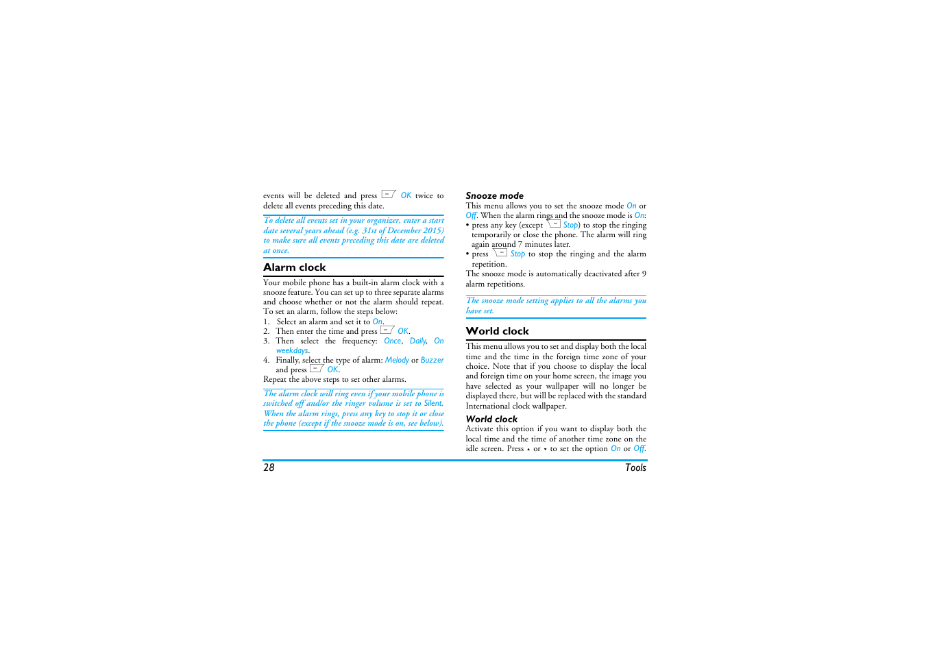 Alarm clock, Snooze mode, World clock | Calculator | Philips Cell Phone User Manual | Page 29 / 72