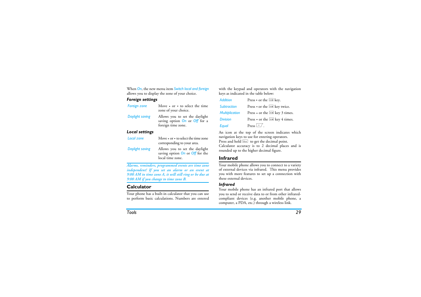 Foreign settings, Local settings, Calculator | Infrared, Money co | Philips Cell Phone User Manual | Page 30 / 72