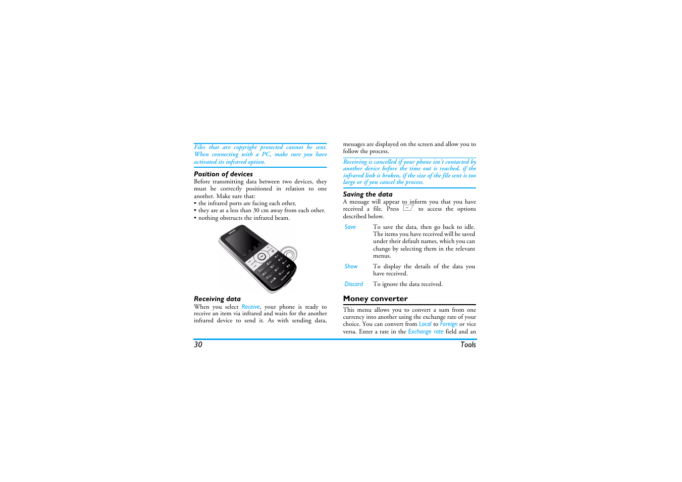 Position of devices, Receiving data, Saving the data | Money converter, Auto switch on / off | Philips Cell Phone User Manual | Page 31 / 72