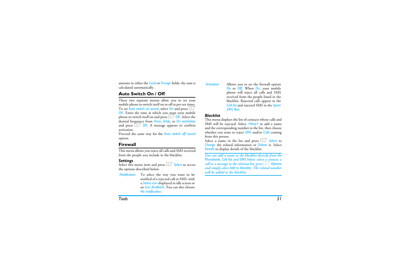Auto switch on / off, Firewall, Settings | Blacklist | Philips Cell Phone User Manual | Page 32 / 72