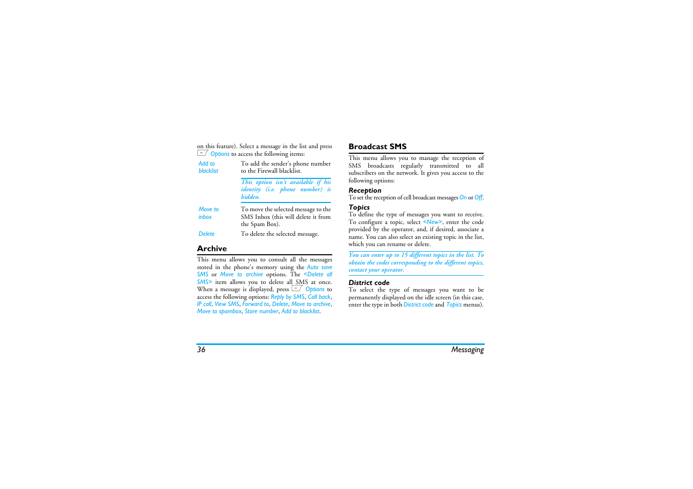 Archive, Broadcast sms | Philips Cell Phone User Manual | Page 37 / 72