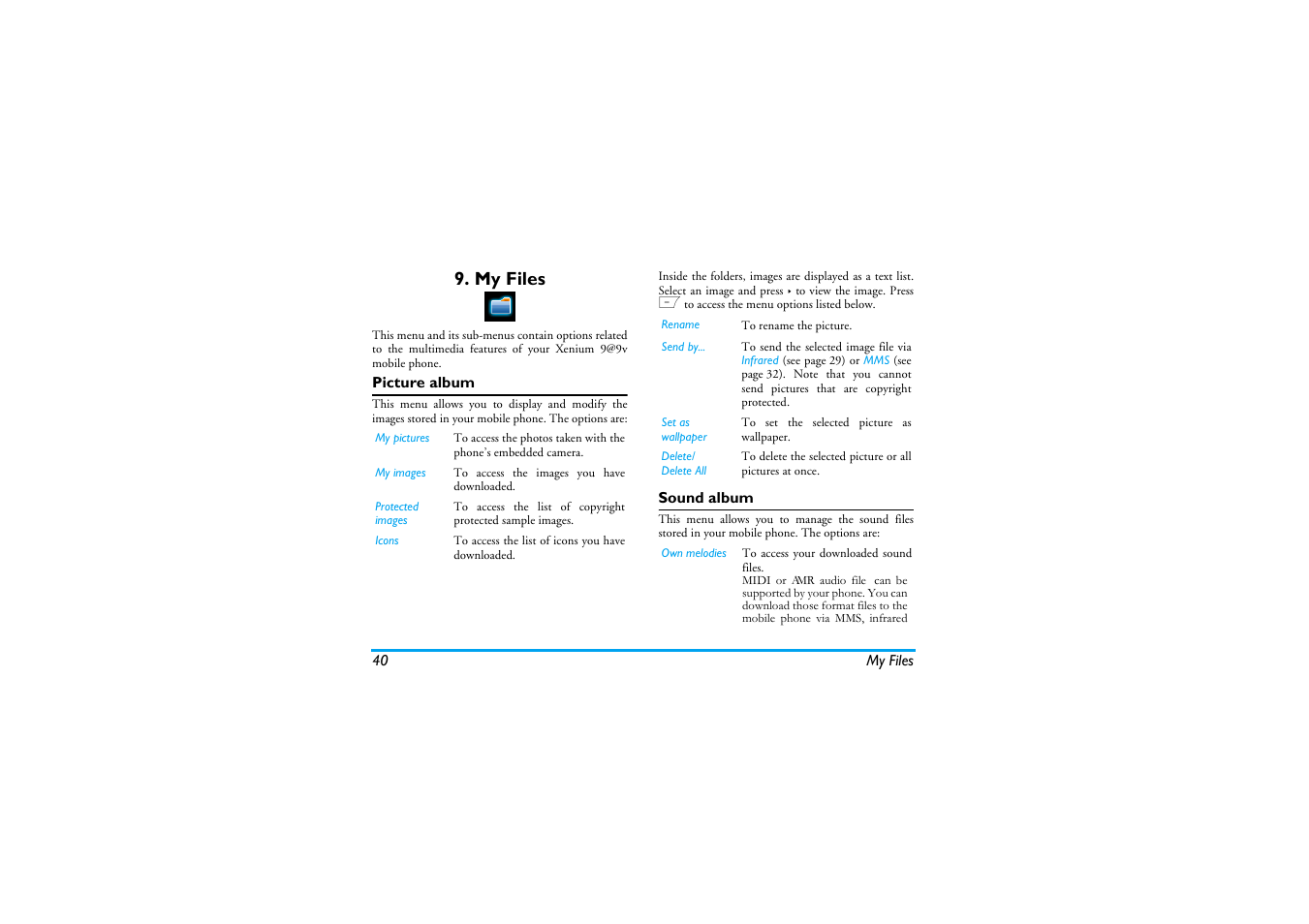 My files, Picture album, Sound album | Philips Cell Phone User Manual | Page 41 / 72