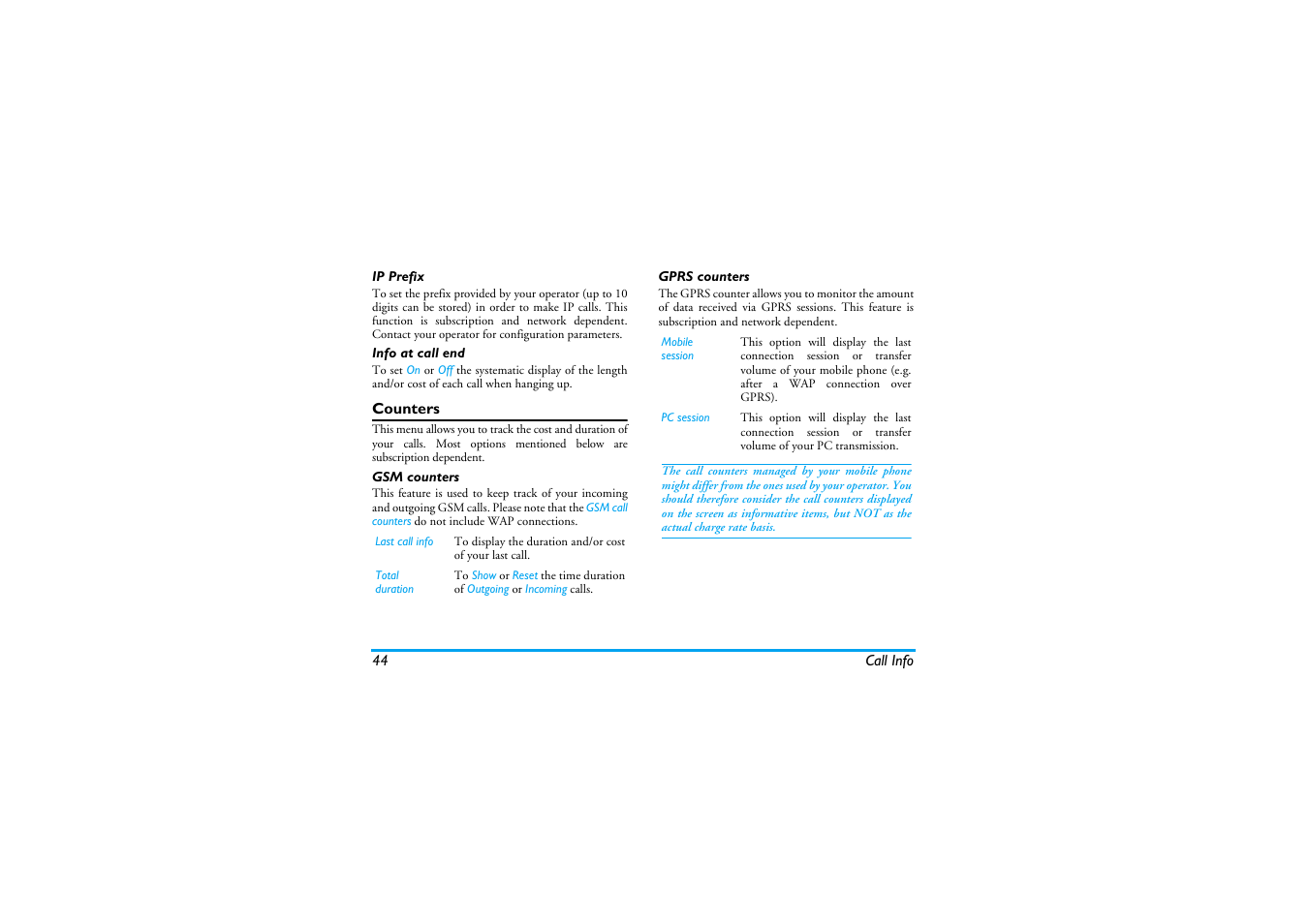 Ip prefix, Info at call end, Counters | Gsm counters, Gprs counters | Philips Cell Phone User Manual | Page 45 / 72