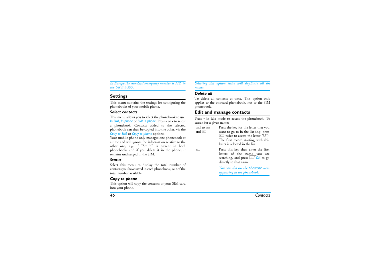 Settings, Select contacts, Status | Copy to phone, Delete all, Edit and manage contacts | Philips Cell Phone User Manual | Page 47 / 72