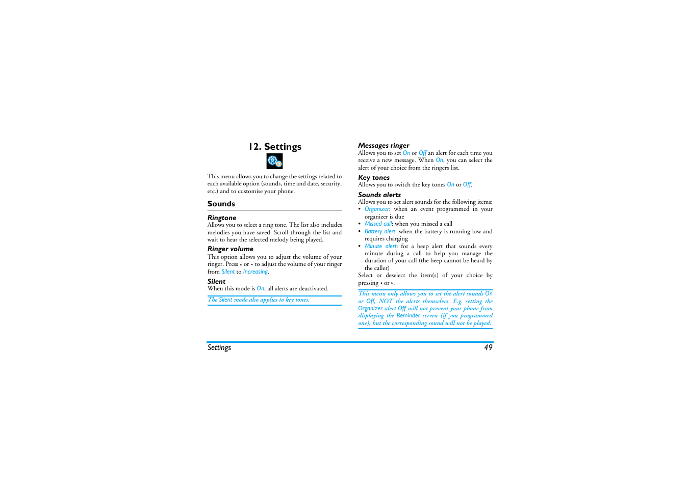 Settings, Sounds, Ringtone | Ringer volume, Silent, Messages ringer, Key tones, Sounds alerts | Philips Cell Phone User Manual | Page 50 / 72
