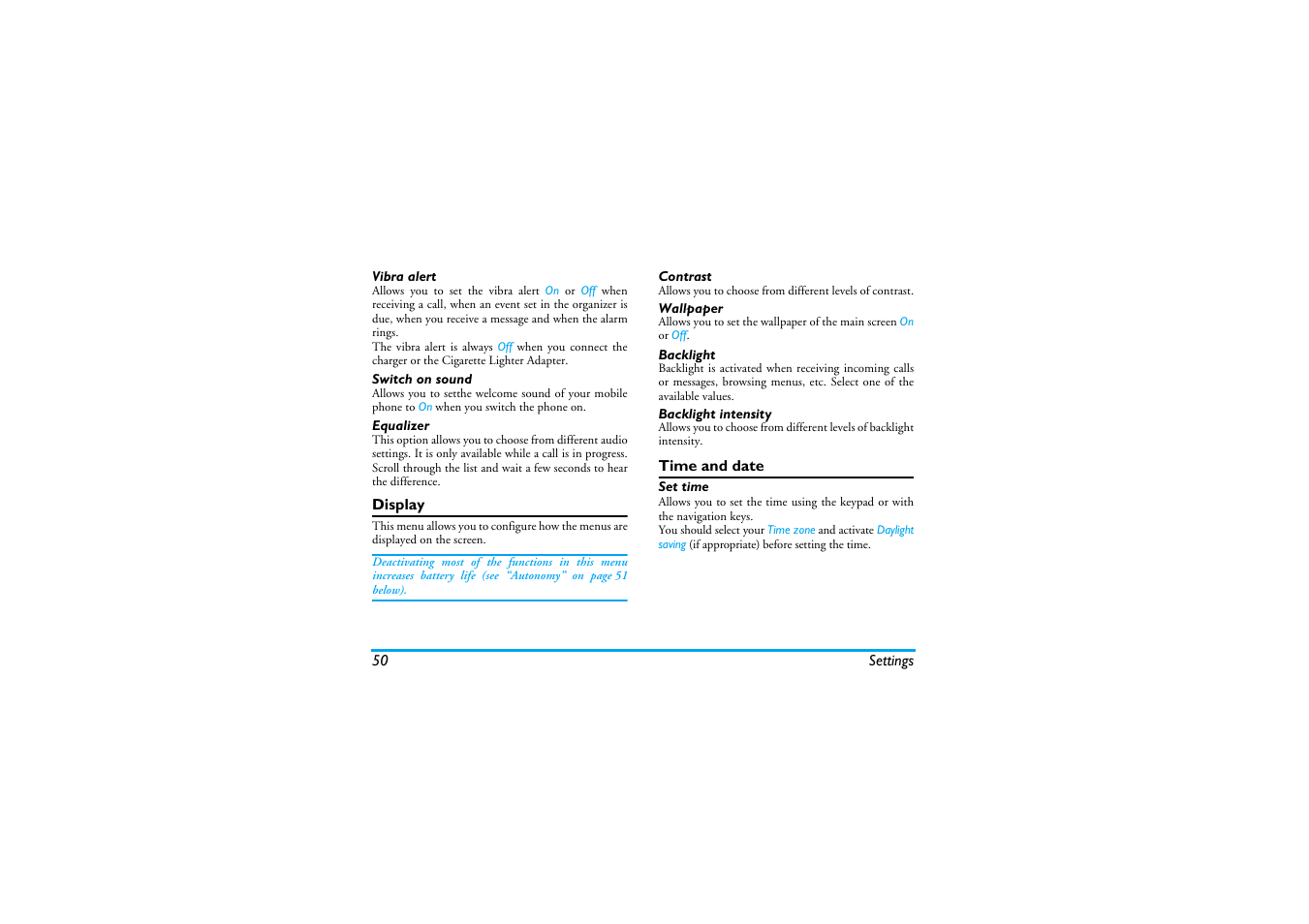 Vibra alert, Switch on sound, Equalizer | Display, Contrast, Wallpaper, Backlight, Backlight intensity, Time and date | Philips Cell Phone User Manual | Page 51 / 72