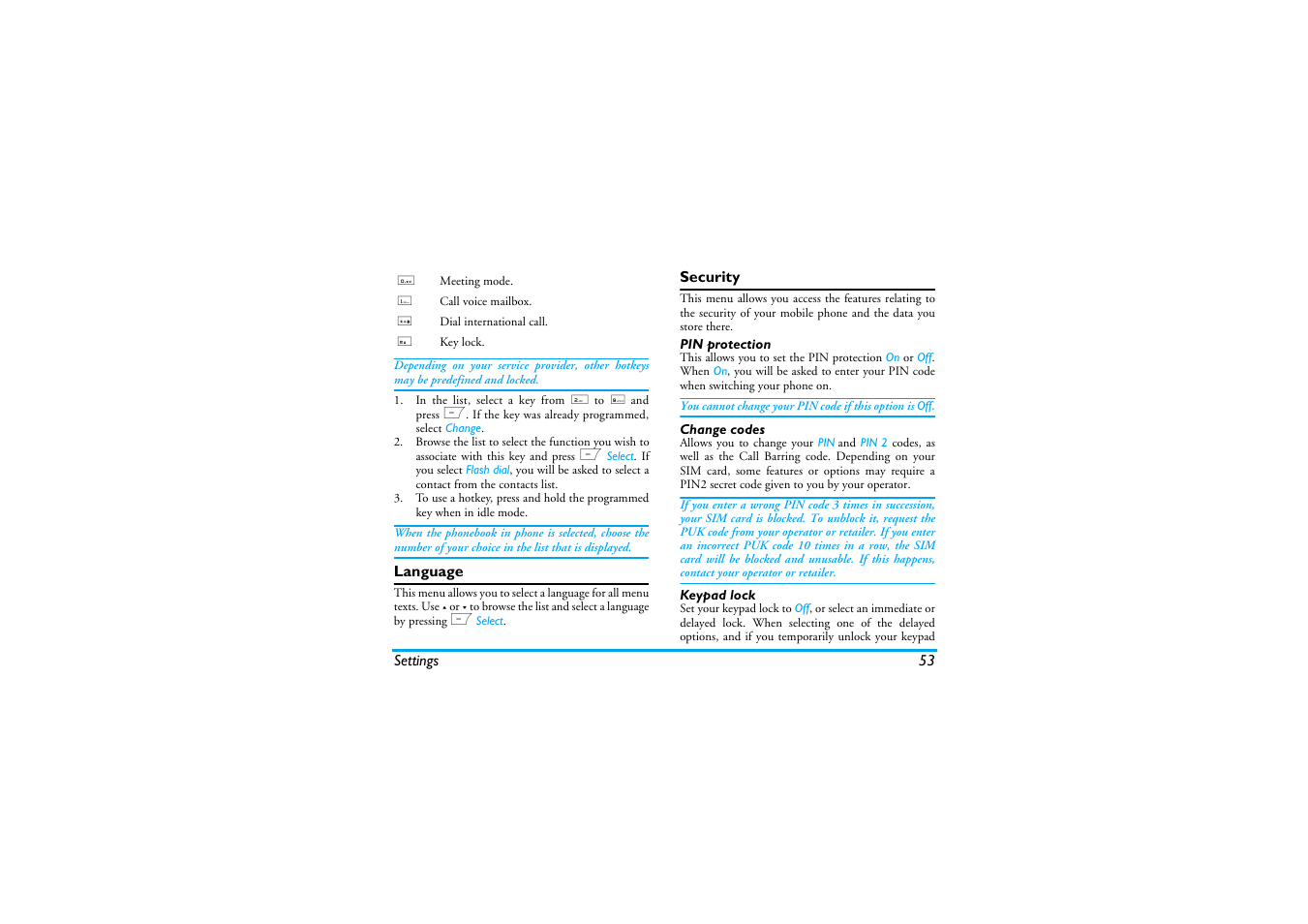 Language, Security, Pin protection | Change codes, Keypad lock | Philips Cell Phone User Manual | Page 54 / 72