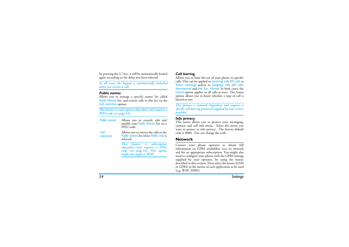 Public names, Call barring, Info privacy | Network | Philips Cell Phone User Manual | Page 55 / 72