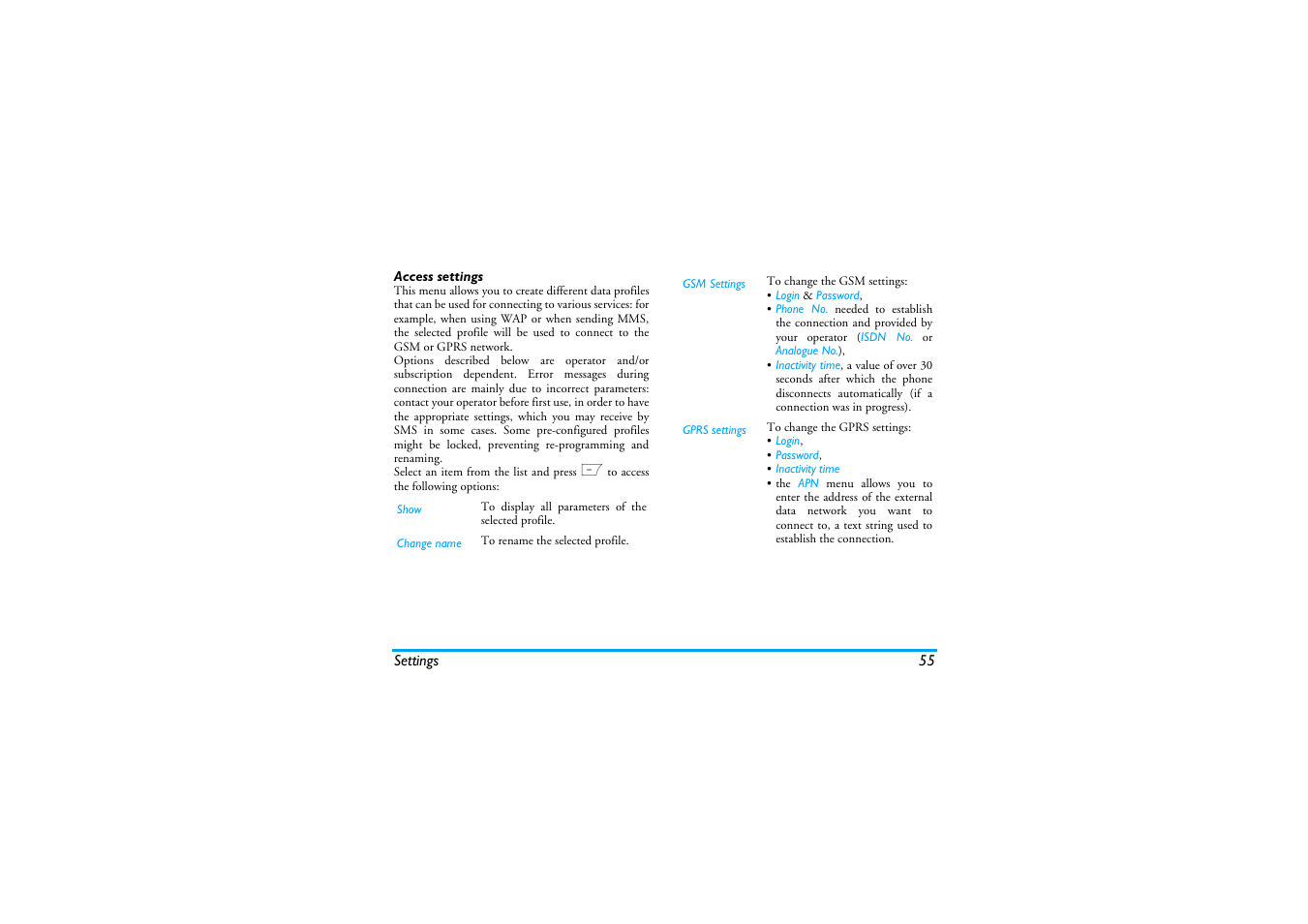 Access settings | Philips Cell Phone User Manual | Page 56 / 72