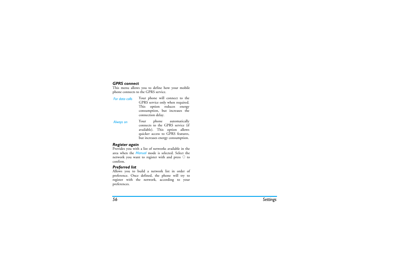 Gprs connect, Register again, Preferred list | Philips Cell Phone User Manual | Page 57 / 72