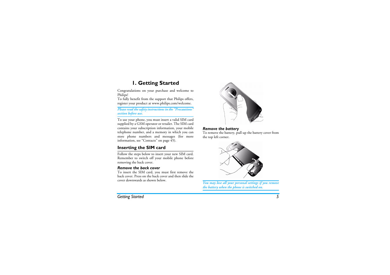 Getting started, Inserting the sim card, Remove the back cover | Remove the battery | Philips Cell Phone User Manual | Page 6 / 72