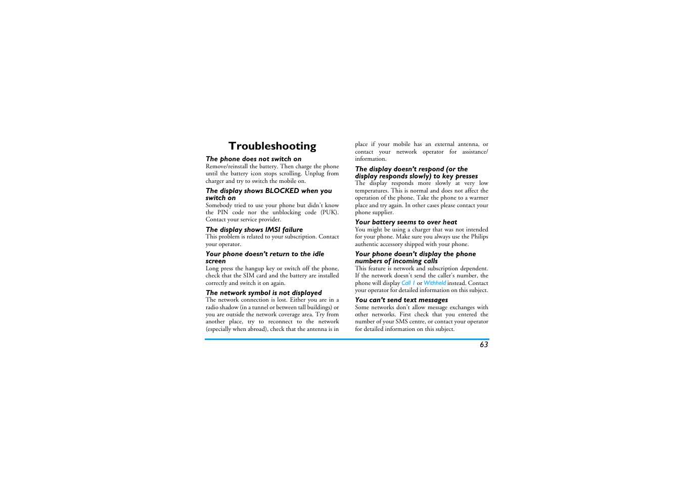 Troubleshooting | Philips Cell Phone User Manual | Page 64 / 72