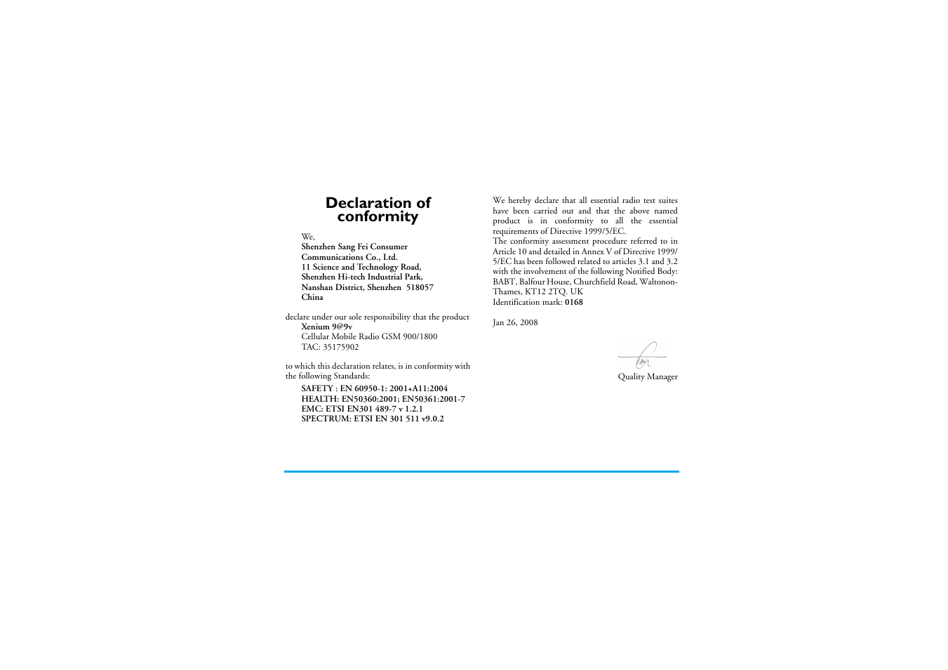 Declaration of conformity | Philips Cell Phone User Manual | Page 72 / 72