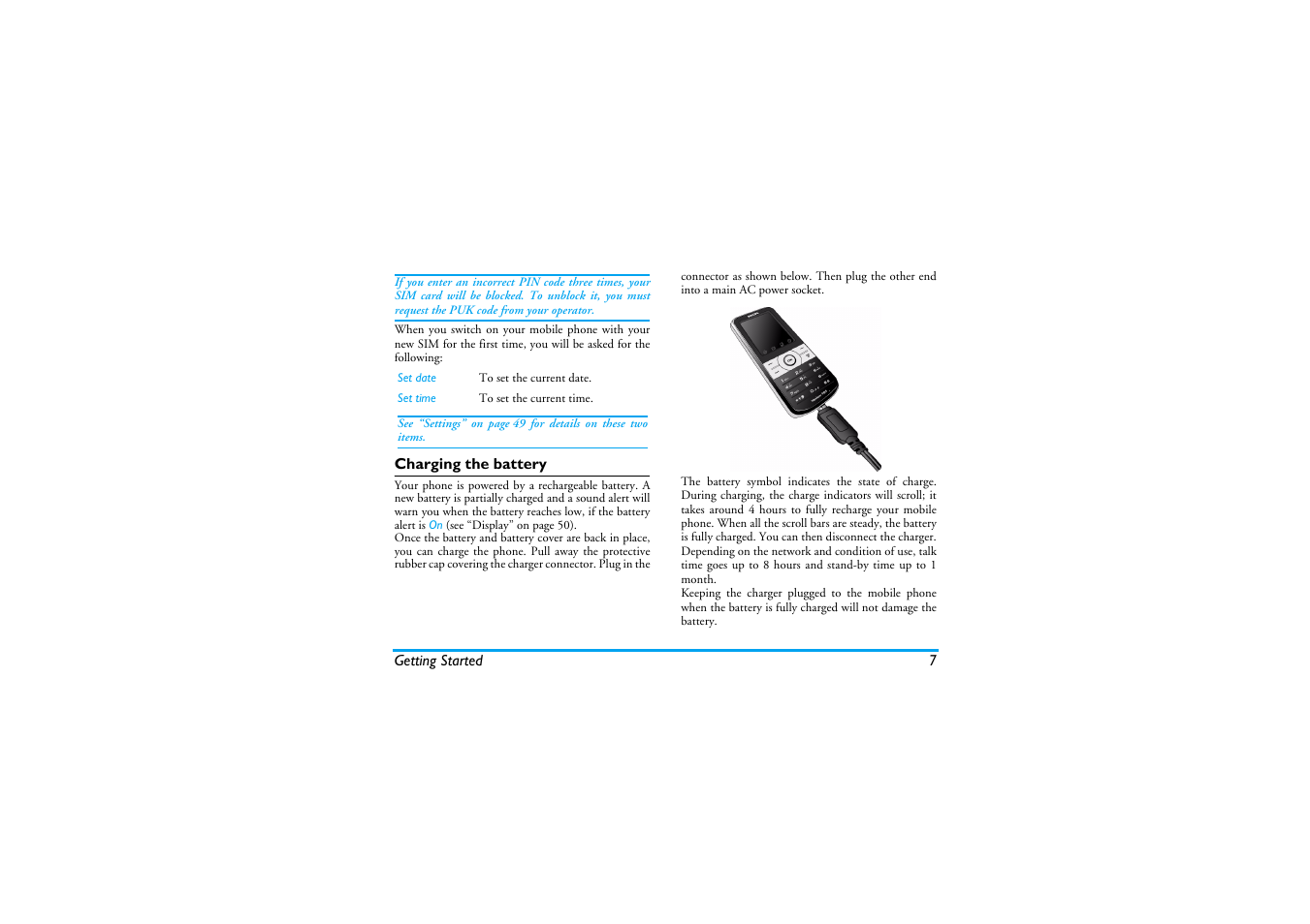 Charging the battery | Philips Cell Phone User Manual | Page 8 / 72