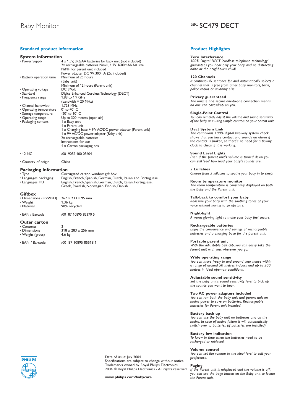 Sc479 dect baby monitor | Philips DECT SBC SC479 User Manual | Page 2 / 2