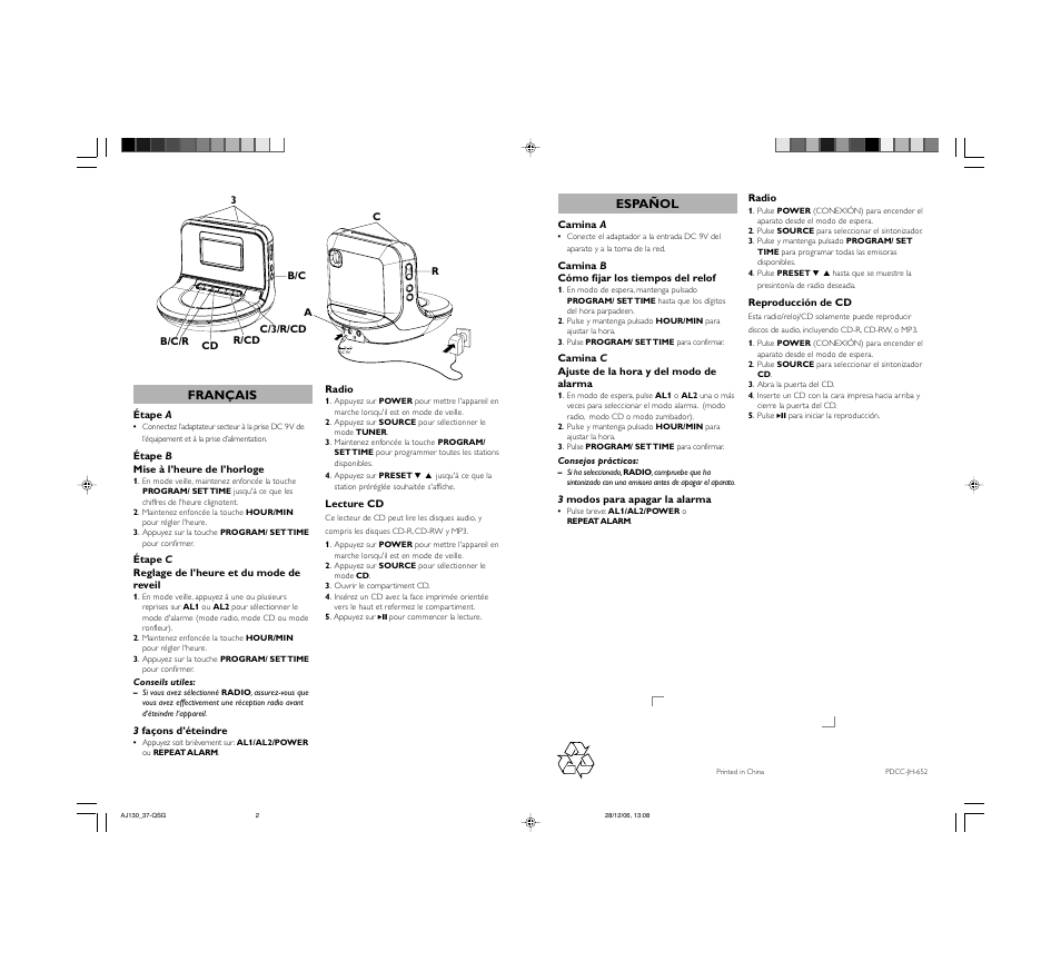 Français, Español | Philips AJ130 User Manual | Page 2 / 2