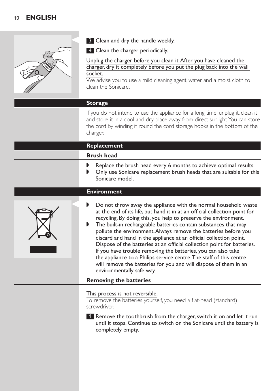 Storage, Replacement, Brush head | Environment, Removing the batteries | Philips E5000 User Manual | Page 10 / 84