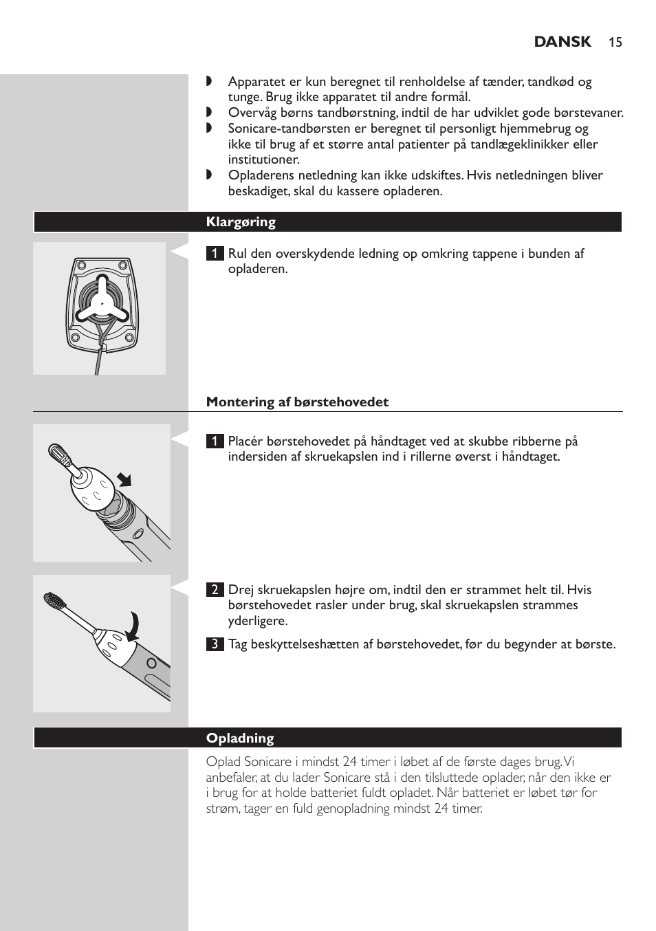 Klargøring, Montering af børstehovedet, Opladning | Philips E5000 User Manual | Page 15 / 84