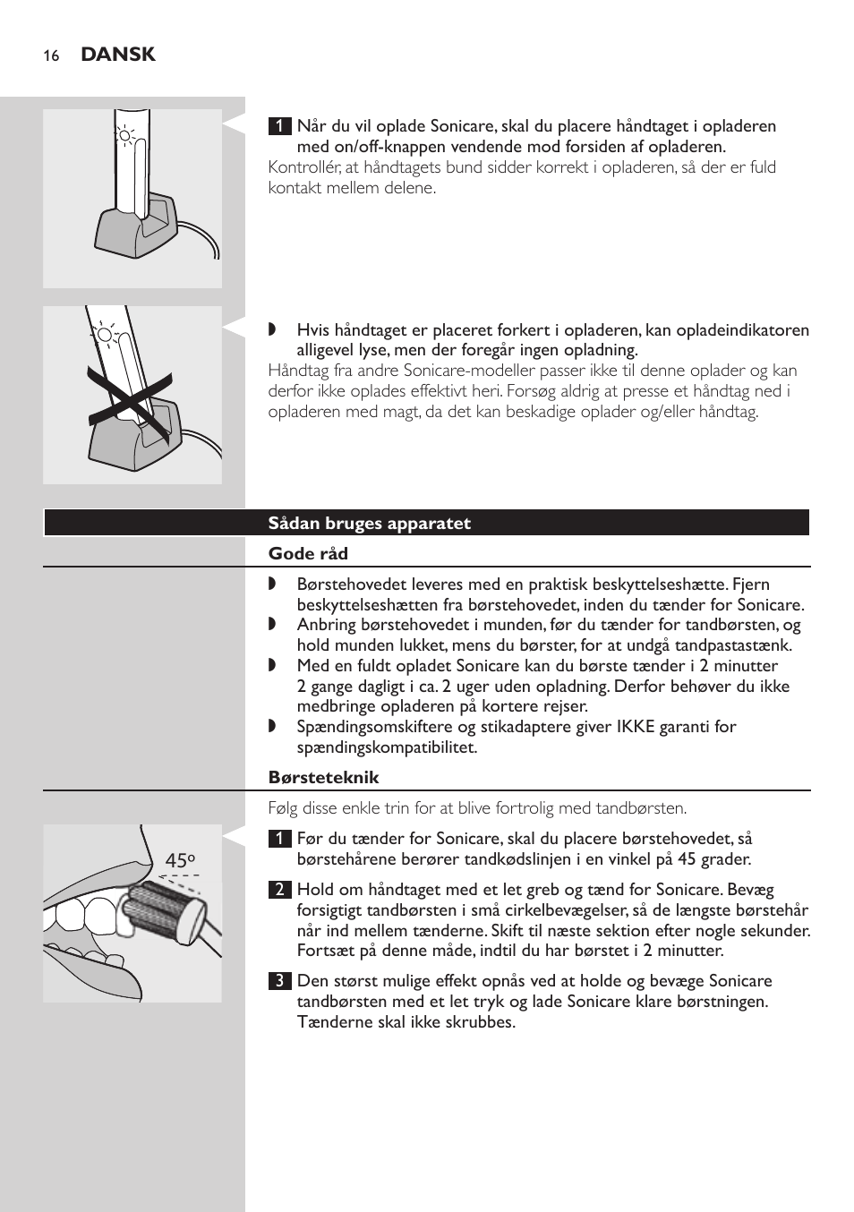 Sådan bruges apparatet, Gode råd, Børsteteknik | Philips E5000 User Manual | Page 16 / 84