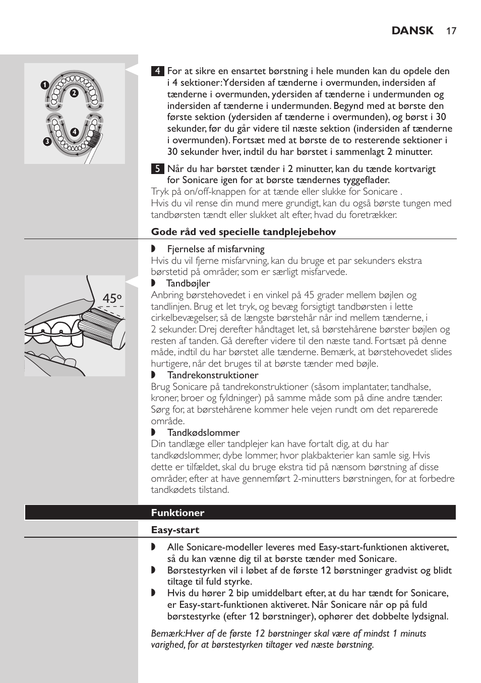 Gode råd ved specielle tandplejebehov, Funktioner, Easy-start | Philips E5000 User Manual | Page 17 / 84