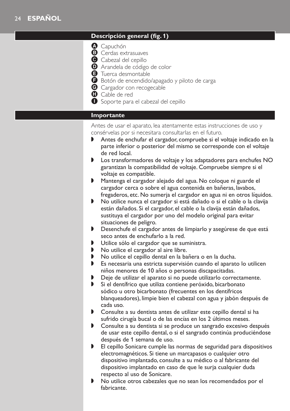 Español, Descripción general﻿ (fig. 1), Importante | Philips E5000 User Manual | Page 24 / 84